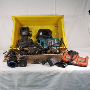 Box of Various Battery Chargers and Power Adapters Including Black & Decker, Ryobi, and Makita Models