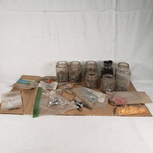 Assorted Jars and Bags of Hardware and Fasteners