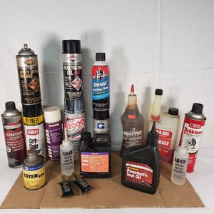 Assorted Automotive Fluids and Cleaners Lot including Briggs & Stratton White Lithium Grease, Gumout Carb Choke Cleaner, and more - All partially full