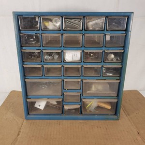 Metal Hardware Storage Cabinet with Drawers and Contents