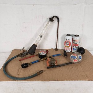 Automotive AC Tools and Supplies including Fast-Test Battery Tester, IDQ AC Stop Leak, and ACPro R-134a Ester Oil Charge with ICE and Accessories.