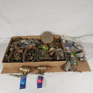 Box of Plumbing Fittings and Valves Including Watts Full Port Ball Valves, Compression Adapters, and Miscellaneous Hardware