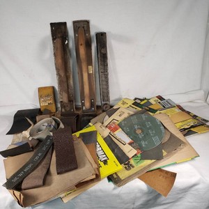 Sanding and Abrasive Tools and Supplies including Hutchins Hand Sanders, Assorted Sandpapers, and Sanding Blocks