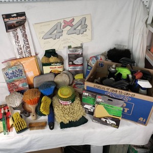 Lot of Car Care Supplies Including Brushes, Wax, and Polish Products