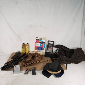 Gun Holster, Leather Cartridge Belt, Scopes, Hearing Protectors, and Accessories