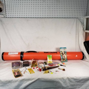 Fishing Equipment Set including Rod Caddy, Filet Knife, and Various Lures