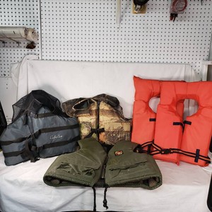 Lot of Personal Flotation Devices Including Cabelas and Stearns Life Vests
