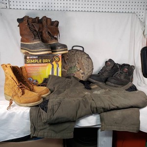 Used Boots and Gear Collection including DryGuy Boot, Shoe & Glove Dryer, Wolverine and Timberland Pro Boots (sizes 8, 10, 9w), and Guide Series Pants Size L