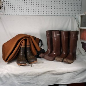 LaCrosse and Hodgman Rubber Boots and Waders Set including Mens Sizes 7 and 8 Boots with Thinsulate Waders Size L