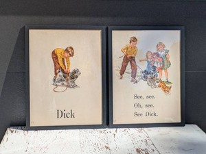 Two Large 18x24 VintageOriginal 1951 Dick and Jane Our Big Book 2-Sided Pages Framed