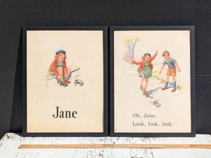 Two Large 18x24 VintageOriginal 1951 Dick and Jane Our Big Book 2-Sided Pages Framed