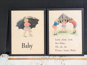 Two Large 18x24 VintageOriginal 1951 Dick and Jane Our Big Book 2-Sided Pages Framed
