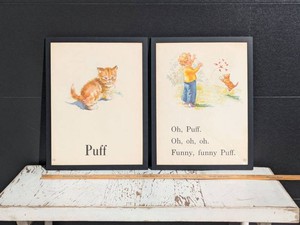 Two Large 18x24 VintageOriginal 1951 Dick and Jane Our Big Book 2-Sided Pages Framed