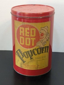 Vintage Red Dot Popcorn Tin Canister w Lid 7 Quart Advertising