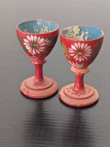 Pair of Vintage Mexican Hand Painted Wooden Egg Cups Floral Red