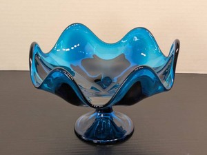 Vintage Blue Art Glass Pedestal Compote Ruffled Edge Centerpiece