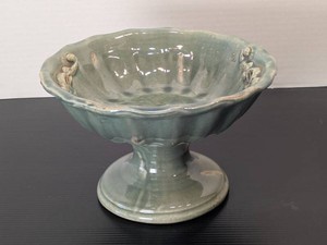Unmarked Celadon Glazed Ceramic Pedestal Compote Bowl Shell Decor