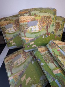 Set of 6 Vintage Scenic Farmhouse Upholstered Seat Cushions See Photos