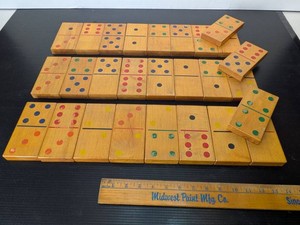 Vintage Oversized Wooden Dominoes Game Tiles Hand Painted Set