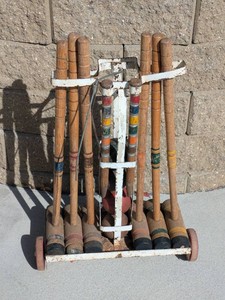 Vintage Wooden Croquet Set on Rolling Metal Stand With Accessories