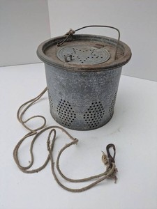 Vintage Galvanized Metal Minnow Bait Bucket Hanging Fish Keeper