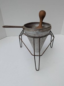 Vintage Conical Chinois Strainer Set with Stand & Wooden Pestle