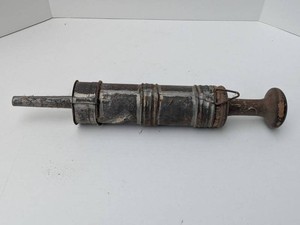Antique 1800s Tin Metal Sausage Stuffer With Wooden Plunger