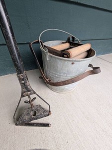 Vintage Galvanized Mop Bucket Wood Roller Wringer and Mop Handle