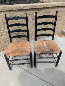 Pair of Black Painted Ladderback Rush Seat Dining Chairs See Photos