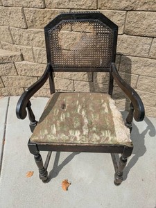 Antique Oak Cane Back Arm Chair Turned Legs Scroll Arms See Photos