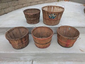 Vintage Wood Orchard Fruit Picking Baskets Wire Handles Mixed Group
