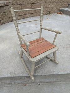 Vintage Childs Wooden Rocking Chair Cream Paint Ruler Seat