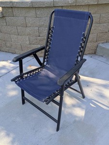 Folding Patio Chair Blue Mesh Black Metal Frame Bungee-Laced Seat