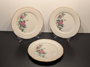 Set of 3 Homer Laughlin Pink Rose Floral Gold Trim Dinner Plates