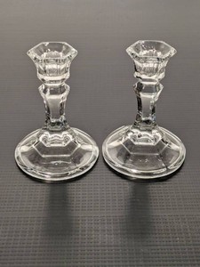 Pair of Vintage Clear Glass Candlestick Holders Hexagonal Panel Design