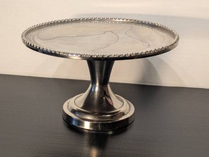 Silver Tone Metal Pedestal Cake Stand Beaded Rim Made in India