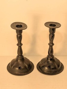 Pair of Vintage Beaded Edge Metal Candlesticks Turned Stem 7.25in