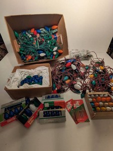 Vintage C7 12 Christmas Light Strings & Replacement Bulbs Box Lot