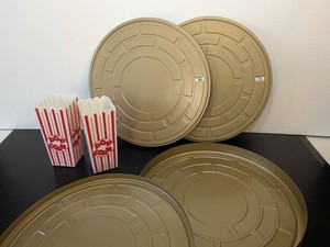 Movie Theater Themed Gift Boxes - 14in Mock Gold Film Reel Cans and Popcorn Boxes