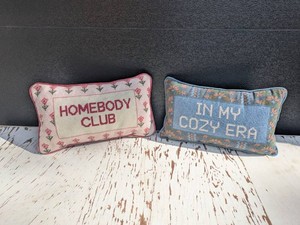 Set of 2 Needlepoint Accent Throw Pillows Homebody Club Cozy Era