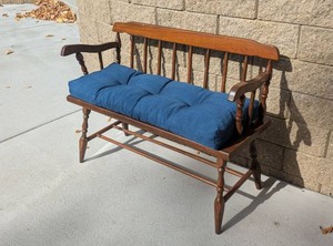 Early American Spindle Back Wooden Bench w Blue Tufted Cushion