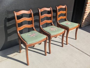Set of 3 Vintage Ladderback Dining Chairs w Floral Needlepoint Seats