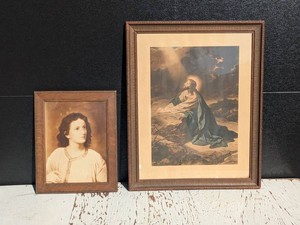 Vintage Framed Religious Prints Christ in Gethsemane & Child Saint