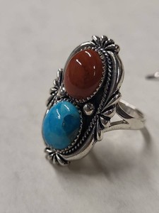 Sterling Silver Turquoise Coral Style Ring and Earrings Set Size 9