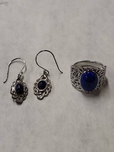 Sterling Silver Lapis Lazuli Filigree Ring & Earrings Set Size 9