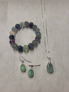 Green Jade Sterling Pendant Necklace Earrings & Fluorite Bracelet