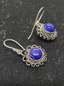 Sterling Silver Lapis Lazuli Dangle Earrings Scroll Sunburst Design