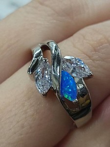 Silver Tone Blue Opal CZ Bypass Statement Ring Marquise Size 9
