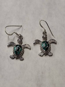 Sterling Silver Malachite Sea Turtle Dangle Hook Earrings Pair