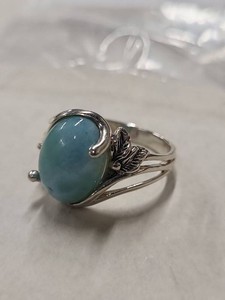 Sterling Silver Larimar Cabochon Blue Stone Ring Leaf Motif Size 9